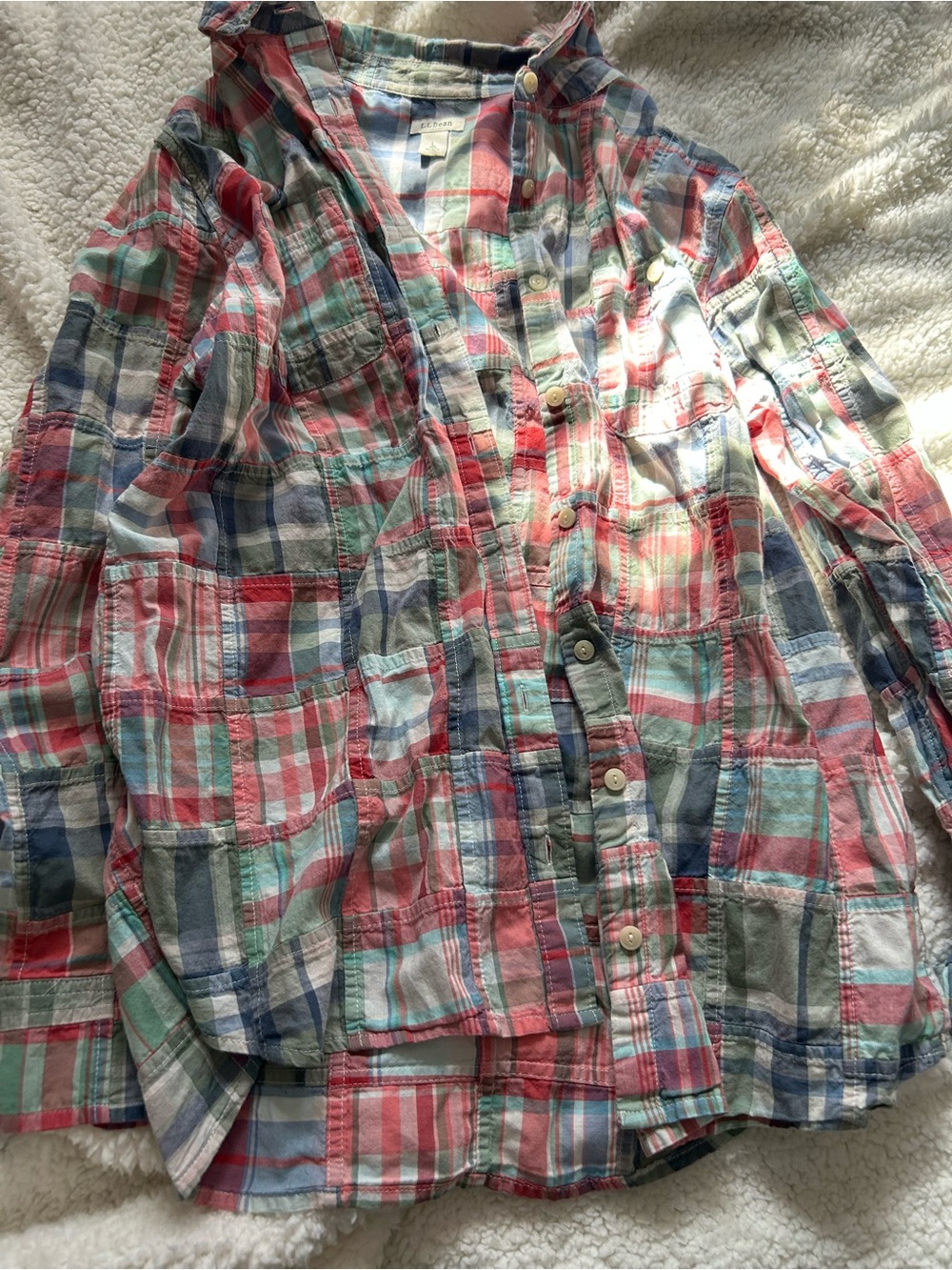 L.L. Bean Patchwork Plaid Button Up Red Blue Green Top Women’s L